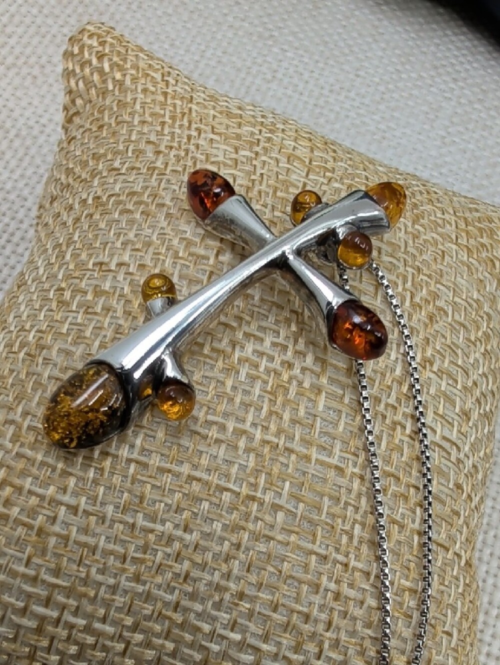 Vintage Baltic Amber Sterling Silver Cross Pendant Necklace 925 Poland 18" - Picture 10 of 16